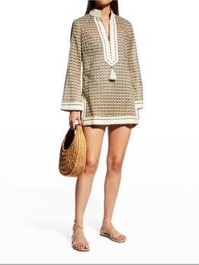 Tory Burch french Cream ribbon wave collection  V-Neck Coverup Tunic
